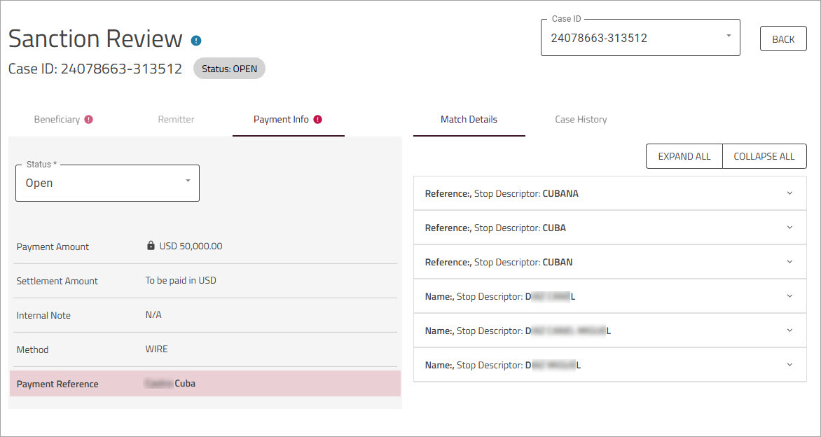 Sanction Review Payment Info tab